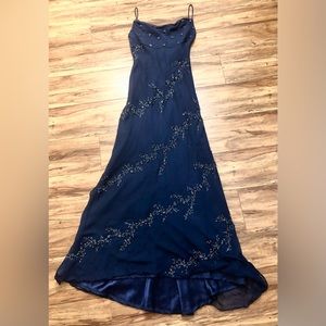 Glamorous navy blue floor length dress w shimmering embellishments